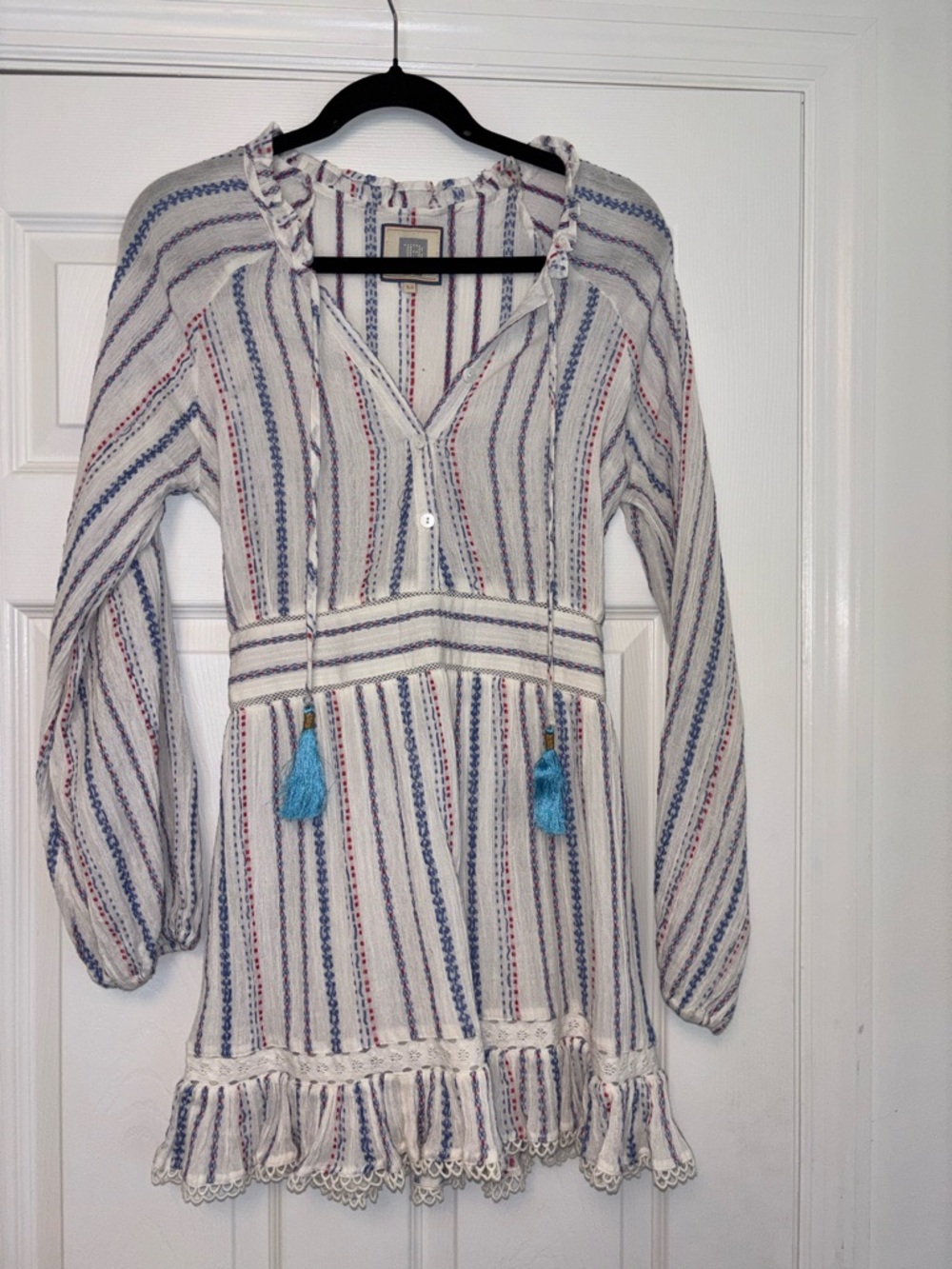 Alicia Bell Striped Tassel Mini Dress XS Dress Boho Gauze Beach Coverup